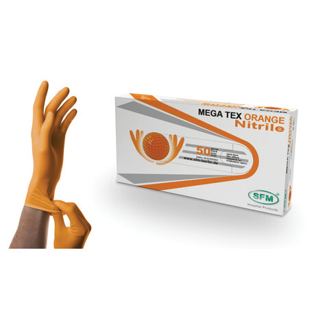 перчатки нитриловые сверхпрочные с текстурой sfm mega tex orange, германия, 25 пар (50 штук), m