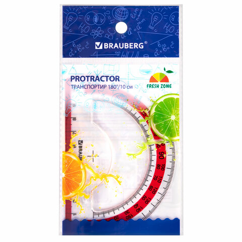 транспортир 10 см brauberg "fresh zone", 180 градусов, пластик, прозрачный, красная шкала, 210760