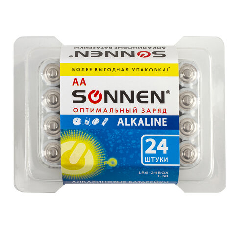 батарейки комплект 24 шт., sonnen alkaline, аа(lr6, 15а), алкалиновые, пальчиковые, короб, 455095