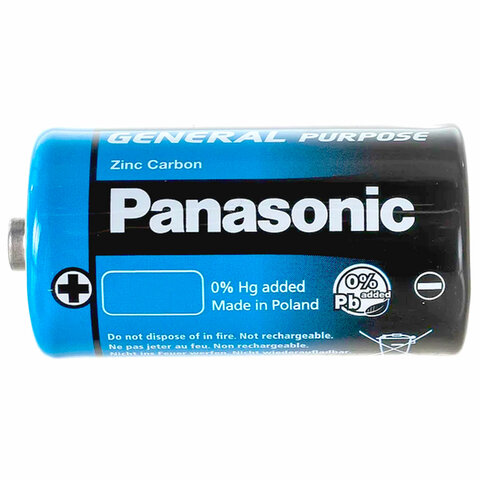 батарейки комплект 2шт., panasonic d r20 (373), солевые, в пленке, 1.5 в
