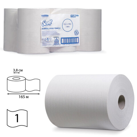 полотенца бумажные рулонные kimberly-clark scott, комплект 6 шт., slimroll, 165 м, белые, артикул 66