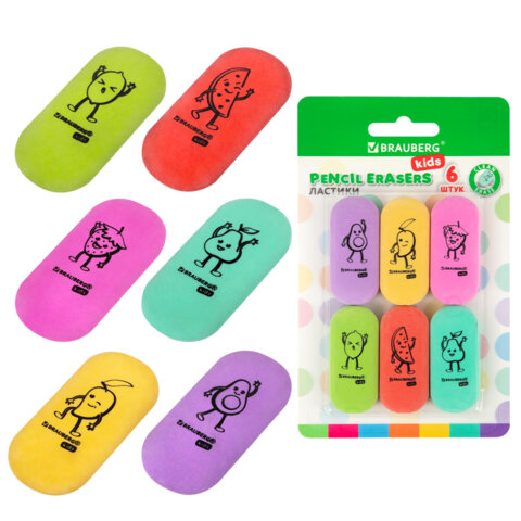 ластики brauberg kids "fruits", набор 6 штук, 50х23х10 мм, овальные, ассорти, 272669