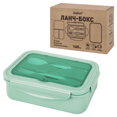 ланч-бокс контейнер, 2 секции, 3+1 отделение, 1,4 л, ложка, вилка, 7х21х14 см, мятный, joylux (джойл