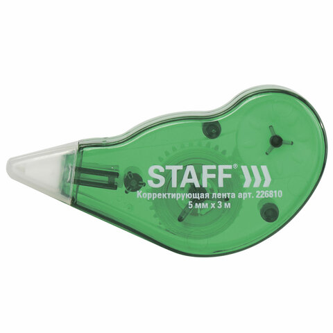 корректирующая лента staff everyday, 5 мм х 3 м, корпус зеленый, механизм перемотки, блистер, 226810