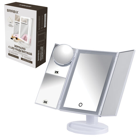 зеркало настольное с led-подсветкой для макияжа, размер 24х18 см, складное, увеличение х2, х3, х10, 