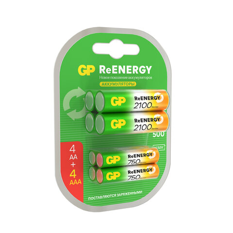 батарейки аккумуляторные gp reenergy ni-mh набор 8 шт. (промо 4+4), aa+ааа (hr6+hr03), 2000 mah + 75