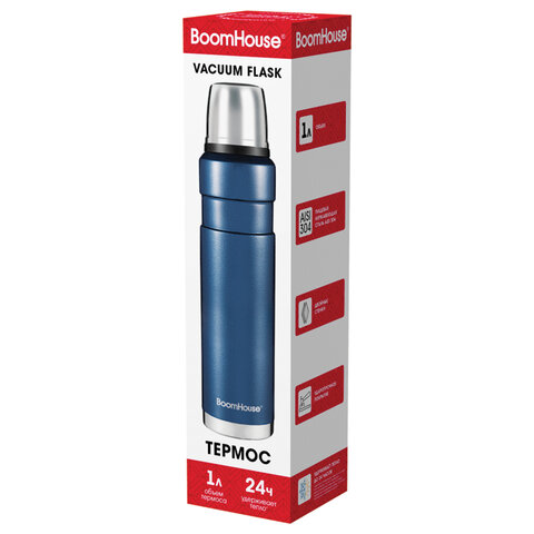 термос 1 л, boomhouse (бумхаус) darkblue, нержавеющая сталь sus304, молотковая эмаль, крышка/кружка,