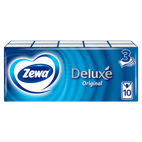платочки бумажные носовые zewa deluxe 3-слойные, спайка 10 пачек по 10 шт., 21х21 см, 51174