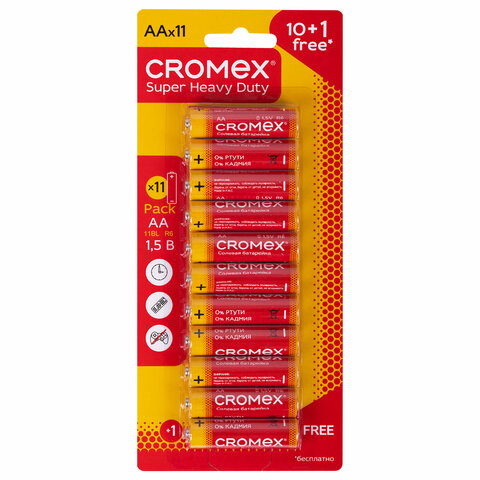 батарейки солевые "пальчиковые" комплект 10+1 шт., cromex (кромекс) super heavy duty, aa (r6,15a), б