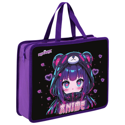 папка на молнии с ручками юнландия а4, 1 отделение, пластик, 80 мм, "anime fan", 273362