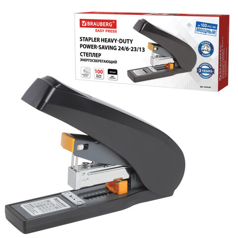 степлер энергосберегающий мощный №24/6-23/13 brauberg "easy press", до 100 листов, без усилий, 22435