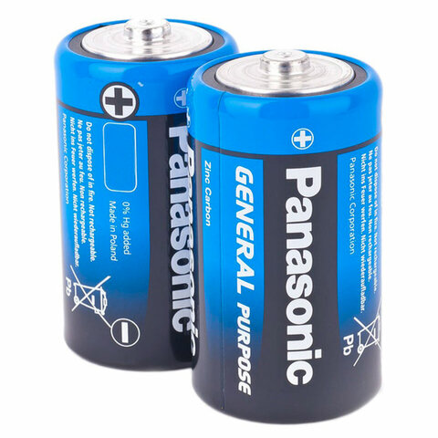 батарейки комплект 2шт., panasonic d r20 (373), солевые, в пленке, 1.5 в